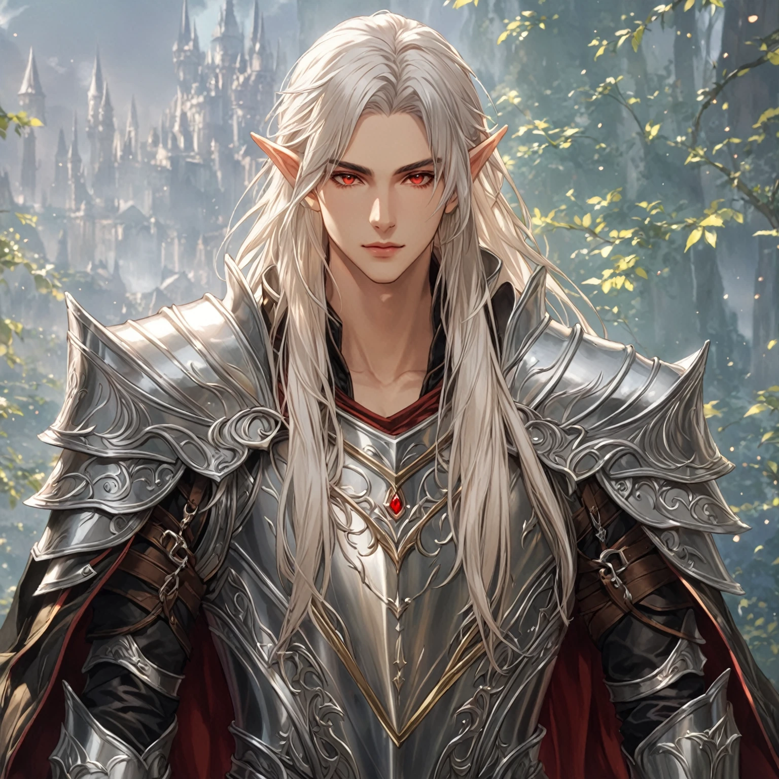 masterpiece, best quality, good quality, Fantasy Aesthetic, Highly detailed, shadowverse style, male, elf, red eye, silver hair, elven armor aesthetic