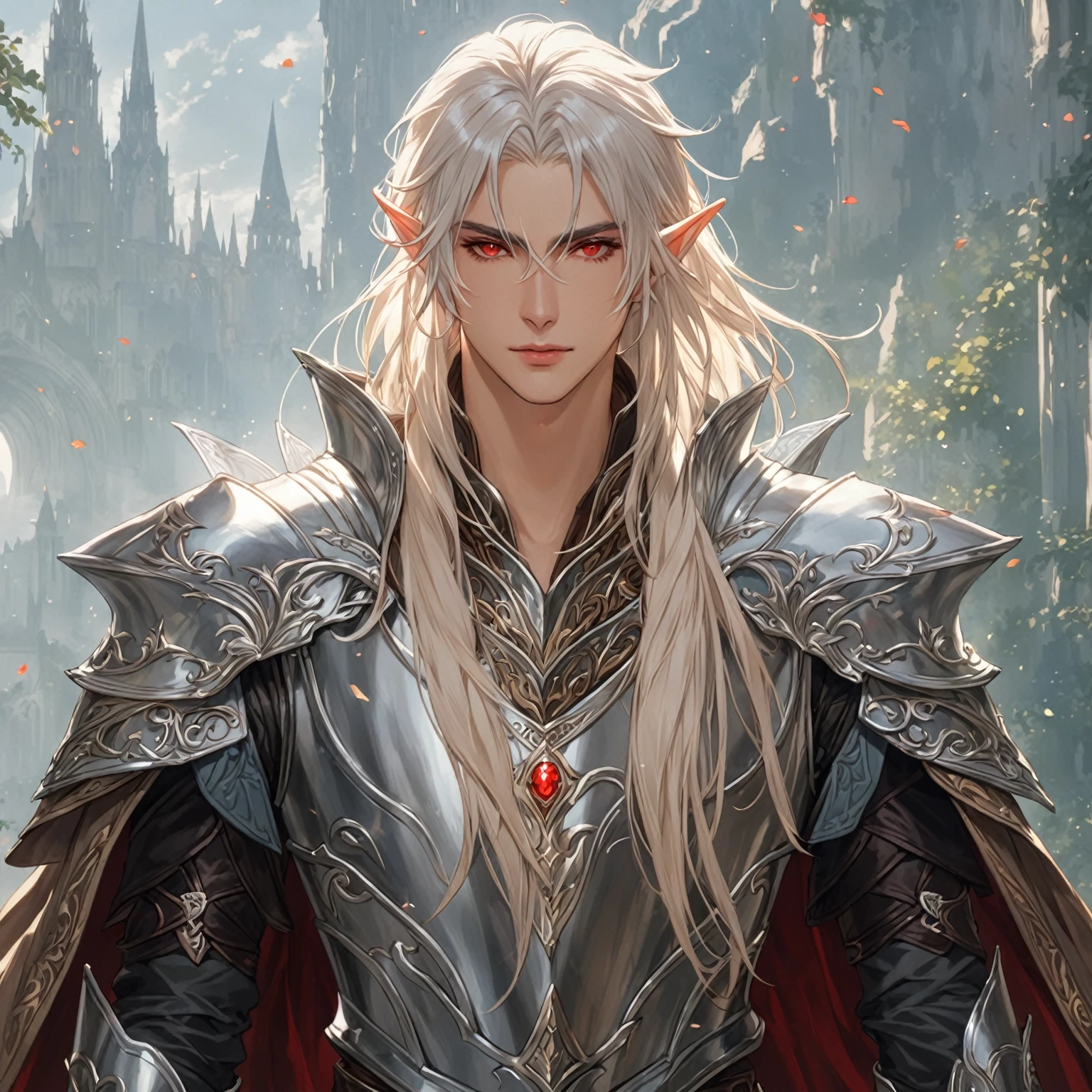 masterpiece, best quality, good quality, Fantasy Aesthetic, Highly detailed, shadowverse style, male, elf, red eye, silver hair, elven armor aesthetic
