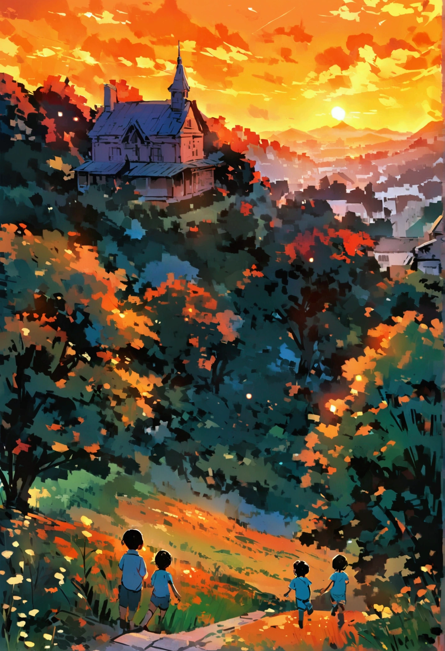 A view of an old orphanage located on top of a small hill overlooking a small village surrounded by fields and farms, under an orange sunset sky.. In the front yard of the orphanage, children play.