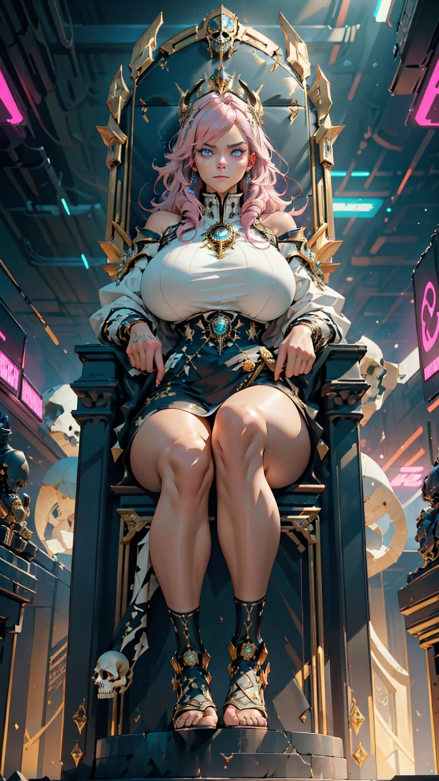 1 confident woman with floor-length pink hair, huge and big breasts, Futuristic royal costume in white with black and gold details, tall woman, blue detailed eyes, sitting on the throne of skulls , judgmental look, golden metal skulls, sovereign pose, cyberpunk queen
