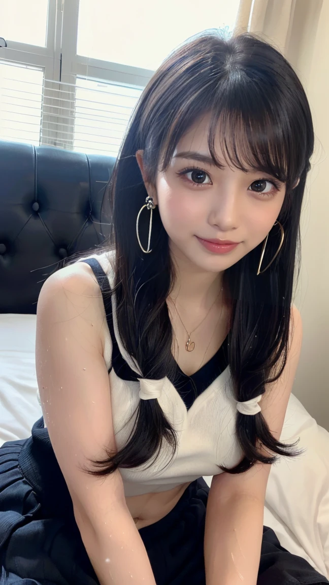 (masterpiece, Highest quality:1.3), smile、(Very detailed:1.2), (hyperRealistic:1.3), (RAW Photos:1.2),(Spread your legs:1.4)、High resolution raw color photos, Professional photos, (PhotoRealistic:1.4), (Realistic:1.4),(Small Nose)、(Sweaty:1.4)、Big eyes、Long eyelashes、Professional Lighting, Perfect Anatomy, (Large Breasts:1.2), (Detailed face), (Cute appearance:1.5), (Black hair half-up:1.5), necklace, bracelet, sexy, erotic sexy, (足を開いたsexyなグラビアポーズ:1.8), (Beautiful woman in sailor suit: 1.3)、On the bed、(Multiple ear piercings:1.4)