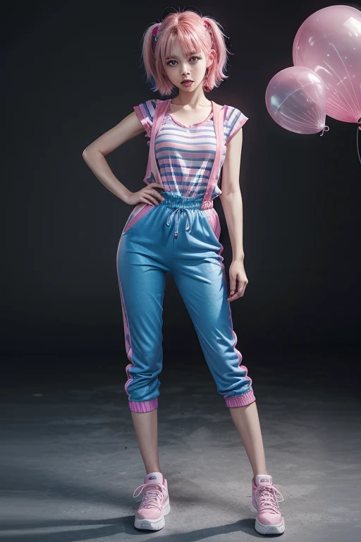 girl with pink jelly hair ,3d,style cartoon ,pose,T-shaped arms,vestimentas, knee-length jumpsuit, blue and pink striped blouse, Angry expression((fully body)),best qualityer,(great quality)