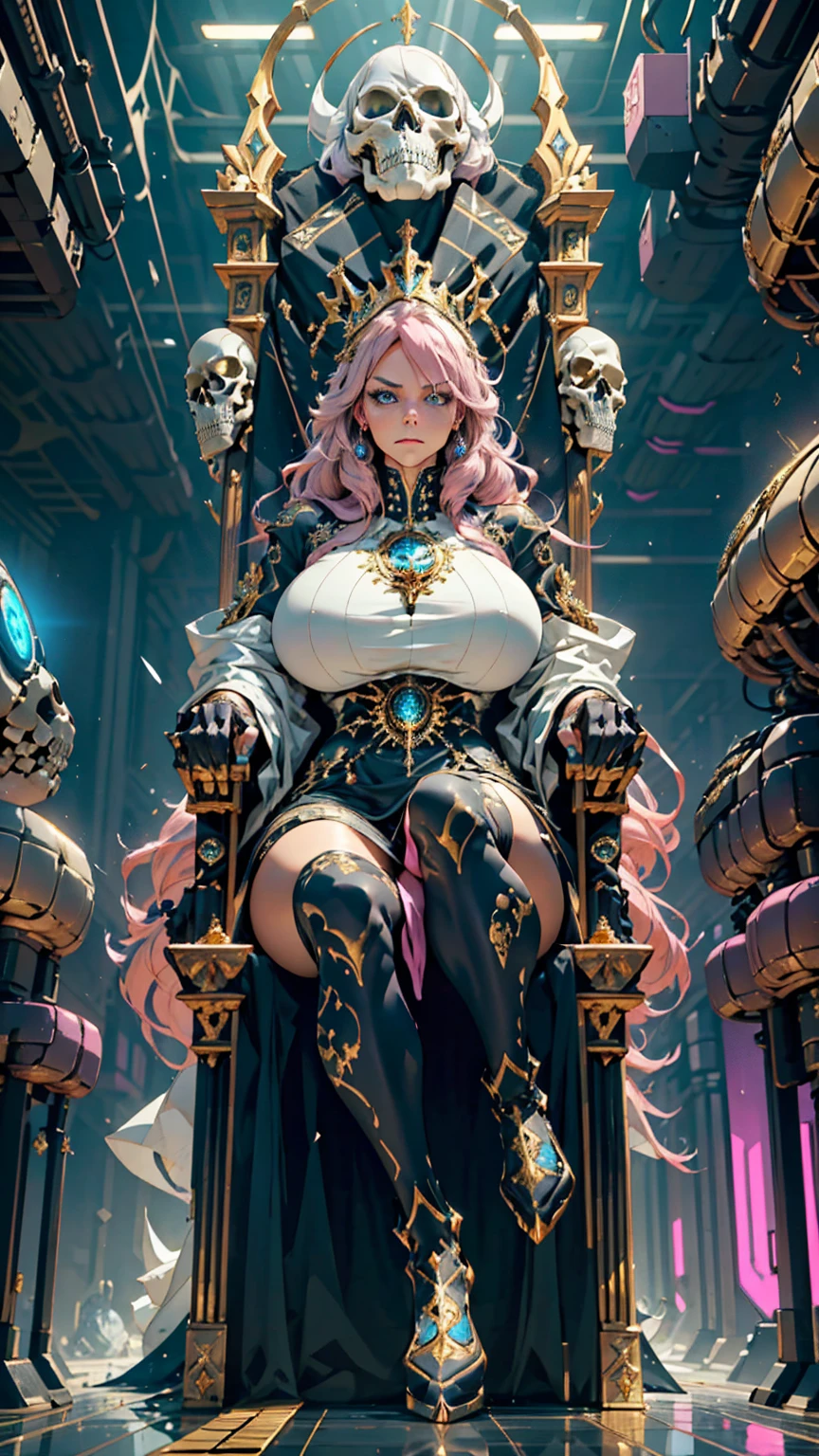 1 confident woman with floor-length pink hair, huge and big breasts, Futuristic royal costume in white with black and gold details, tall woman, blue detailed eyes, sitting on the throne of skulls , judgmental look, golden metal skulls, sovereign pose, cyberpunk queen
