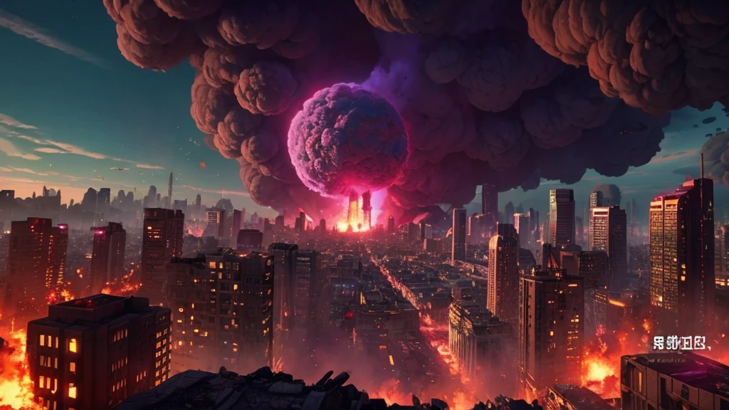 A picture taken from a video game shows a city destroyed by fire, city in ruins, fire, city on fire, purple, dreamy, anime styled, background burned city, smoke clouds, lots of fire