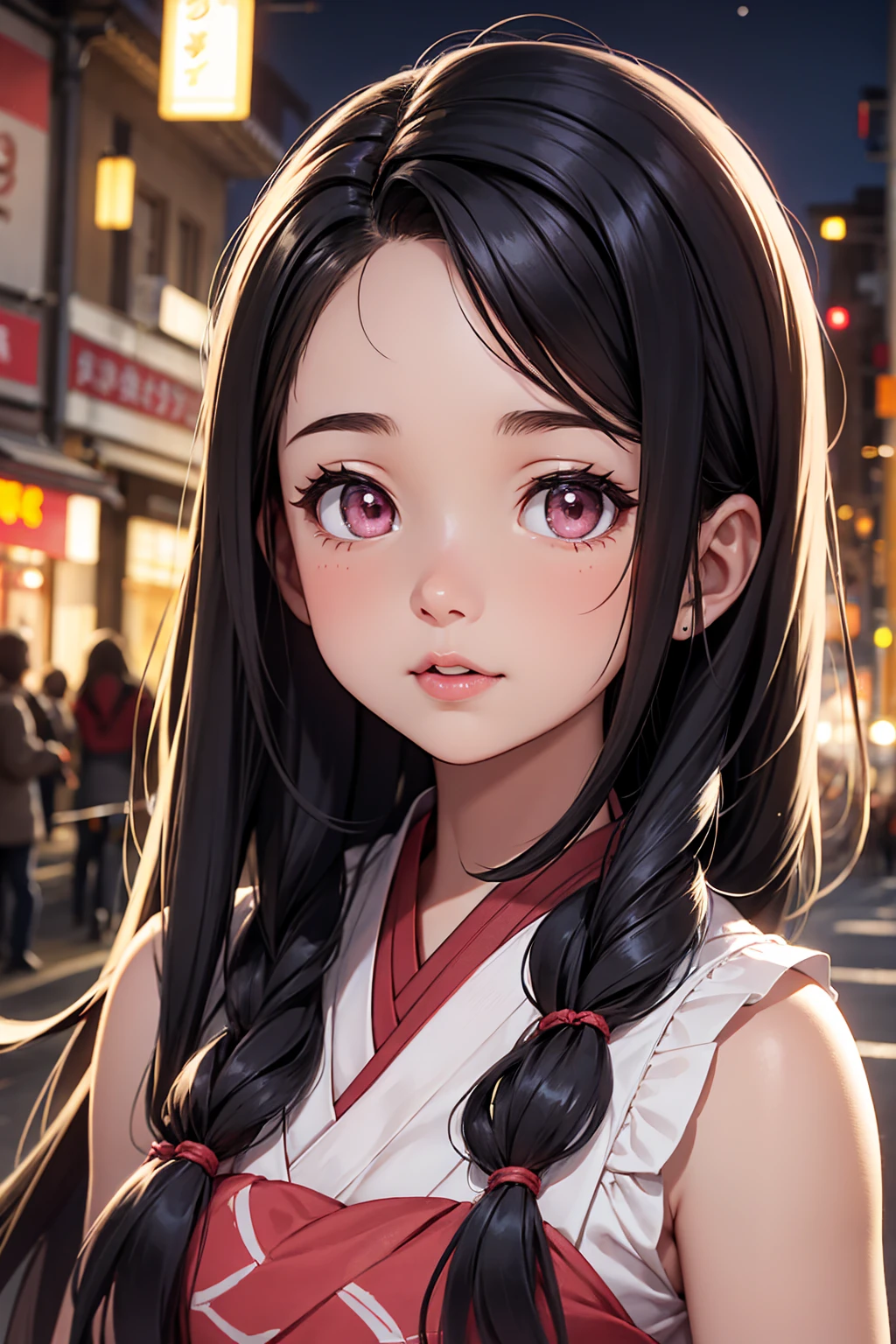 High details:1.5, high resolution, Natural strokes and colors, natural lighting, face detailed, detailed hair, eye detailed, detailed nose, detailed lips, detailed hands. an adult and beautiful girl:1.9, wearing a sleeveless blouse, pink lips, looking at the viewer, city at night, long black hair, with mouth guard nezuko kamado.