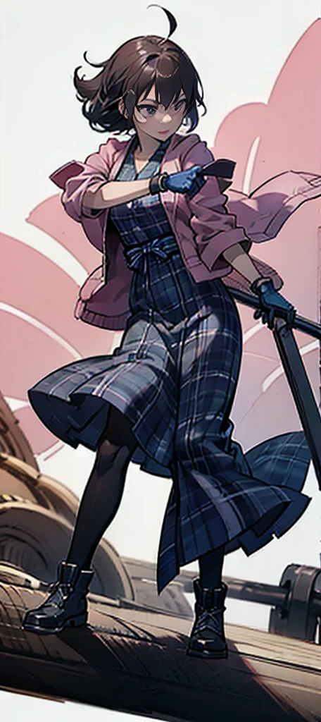 ((Anime style, character picture book, 8k, super detailed, uhd, masterpiece, high quality, best quality, high resolution)), ((Beautiful face: 1.2, beautiful hands, perfect hands, perfect delicate limbs)), A woman wearing a pink jacket, light blue shirt, and a navy blue checked hakama. 1 woman, solo, 20 years old, female, full body, standing woman, contrapposto, female, dark brown short hair, messy hair, purple eyes, (pink collarless jacket: 1.1), (side slit hakama skirt: 1.1), gloves, (light blue checked shirt), black gloves, (navy blue hakama), long skirt, (black pantyhose), short boots, (((white background)))