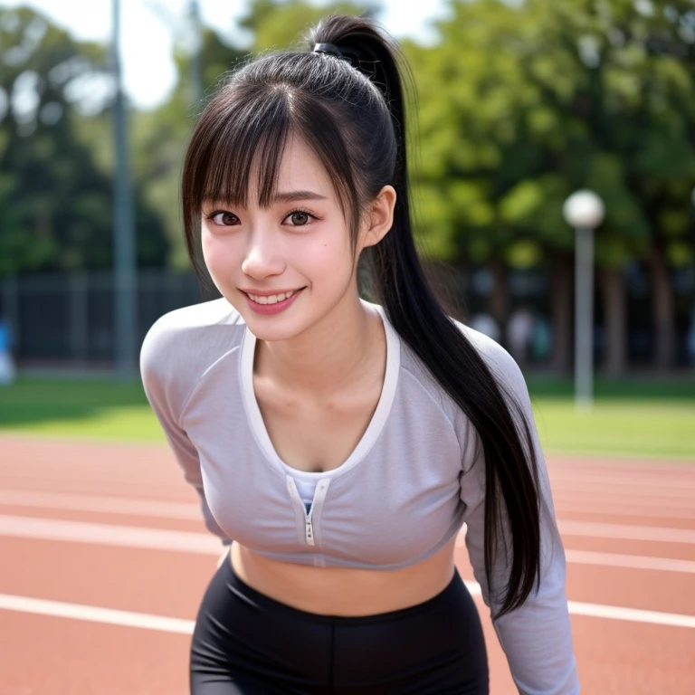 (kawaii 18 year-old Japanese girl, Nogizaka idol, Korean idol, track and field player), healthy female athlete body, (glossy black hair, high ponytail, bangs:1.2), beautiful black eyes, rounded face, single eyelid, (no makeup:1.2), (big laughing), (light pink track jacket, sports leggins:1.2), extra small breasts, BREAK, (park background, turf, summer, sunny daytime:1.2), (dynamic angle, bust shot:1.2), BREAK, (masterpiece, best quality, photo realistic, official art:1.4), (UHD, 8K quality wallpaper, high resolution, raw photo, golden ratio:1.3), (shiny skin), professional lighting, physically based rendering, award winning, (highly detailed skin texture, extremely detailed face and eyes textures), Carl Zeiss 300 mm F/2.8, depth of field, (1girl, solo),