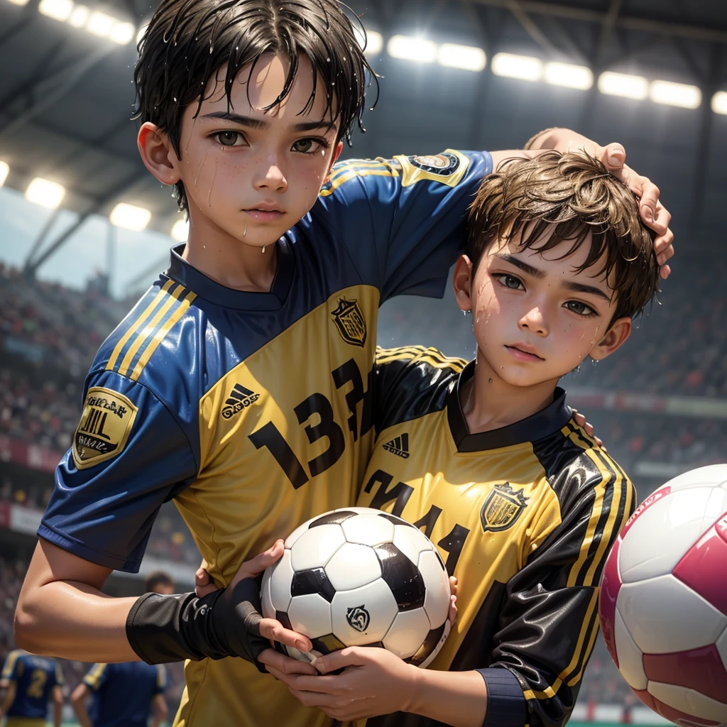 boy wearing wet shiny gold soccer jersey