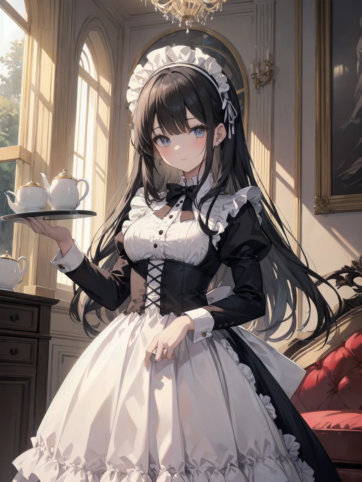 Illustration of a beautiful girl in a cute pose,(Masterpiece: 1.2), (Best quality: 1.2), A cute girl with long black hair, dressed in a classic black and white maid outfit with frilly lace and a matching headband, is standing in a beautifully decorated Victorian-style parlor. She is holding a silver tray with a teapot and teacup, her expression a mix of professionalism and warmth. The background includes ornate furniture, a chandelier, and large windows with heavy drapes, all bathed in soft afternoon light. This illustration emphasizes the elegant and welcoming atmosphere of a high-class tea service