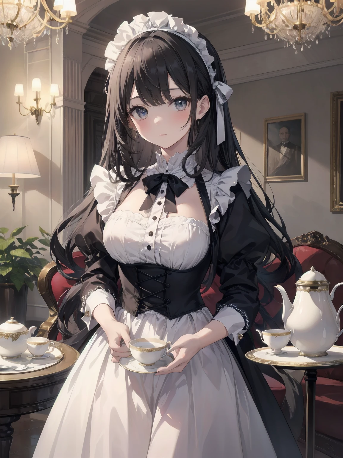Illustration of a beautiful girl in a cute pose,(Masterpiece: 1.2), (Best quality: 1.2), A cute girl with long black hair, dressed in a classic black and white maid outfit with frilly lace and a matching headband, is standing in a beautifully decorated Victorian-style parlor. She is holding a silver tray with a teapot and teacup, her expression a mix of professionalism and warmth. The background includes ornate furniture, a chandelier, and large windows with heavy drapes, all bathed in soft afternoon light. This illustration emphasizes the elegant and welcoming atmosphere of a high-class tea service