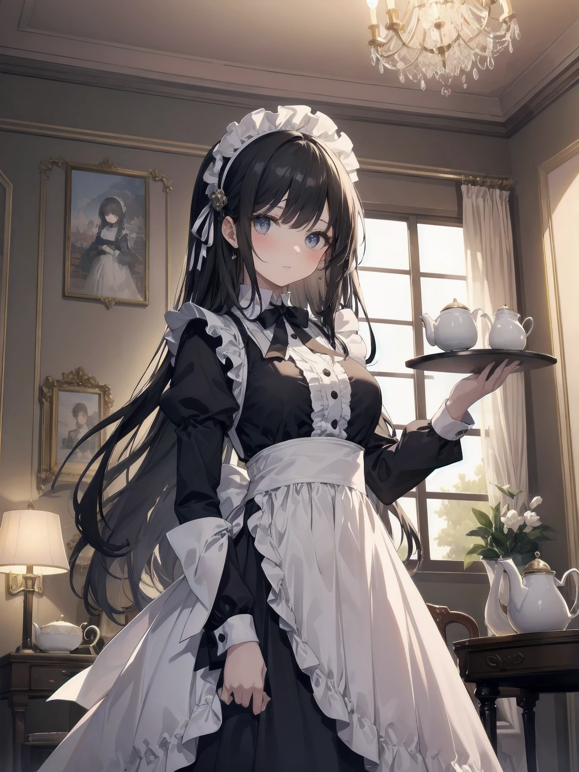 Illustration of a beautiful girl in a cute pose,(Masterpiece: 1.2), (Best quality: 1.2), A cute girl with long black hair, dressed in a classic black and white maid outfit with frilly lace and a matching headband, is standing in a beautifully decorated Victorian-style parlor. She is holding a silver tray with a teapot and teacup, her expression a mix of professionalism and warmth. The background includes ornate furniture, a chandelier, and large windows with heavy drapes, all bathed in soft afternoon light. This illustration emphasizes the elegant and welcoming atmosphere of a high-class tea service