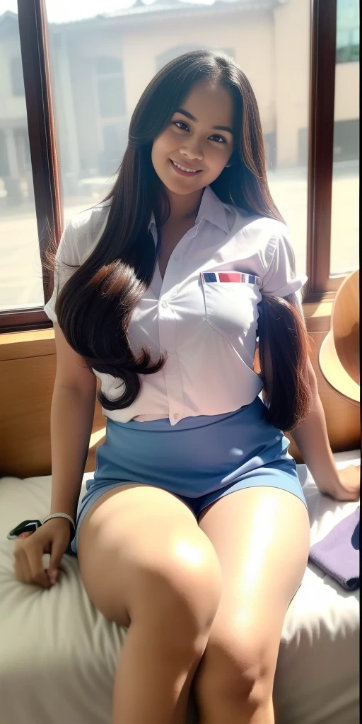 1girl, solo, sensual, top-quality, (professional lighting without shadows), view from far, (ultra wide angle shot: 1.4), (Indonesian_high_school), fit body, long hair, beautiful hairstyle, very seductive pose, little smile, sitting on top of bed, detailed face, detailed eyes, unparalleled beauty, looking at the audience, thick breasts, detailed skin, fit thighs, fit arms, muscular belly, looking at the viewer, wearing very short grey blue skirt, wearing white shirt, (8k, RAW photo, best quality, masterpiece: 1.2), (realistic, realistic: 1.5), ultra-high resolution, hyper-realistic