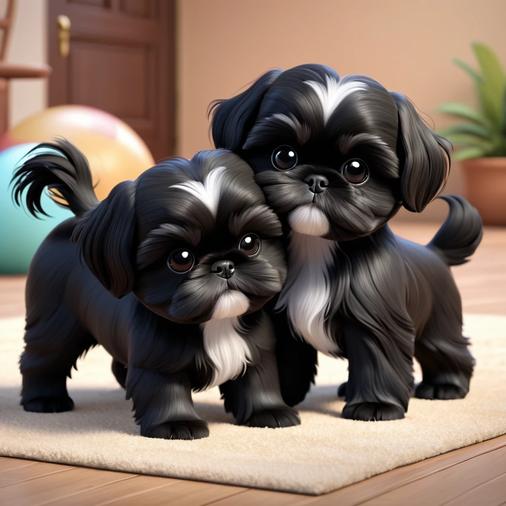 2 Adorable small black Shih Tzu puppies wrestling Disney background 3d cartoon 3d render disney pixar styleundefined, undefined, undefined, undefined,