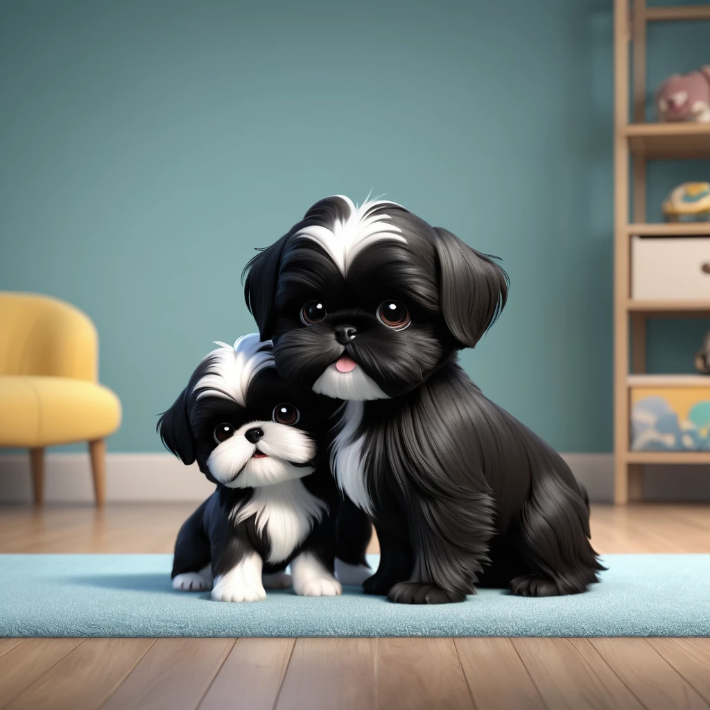 2 Adorable small black Shih Tzu puppies wrestling Disney background 3d cartoon 3d render disney pixar styleundefined, undefined, undefined, undefined, 
