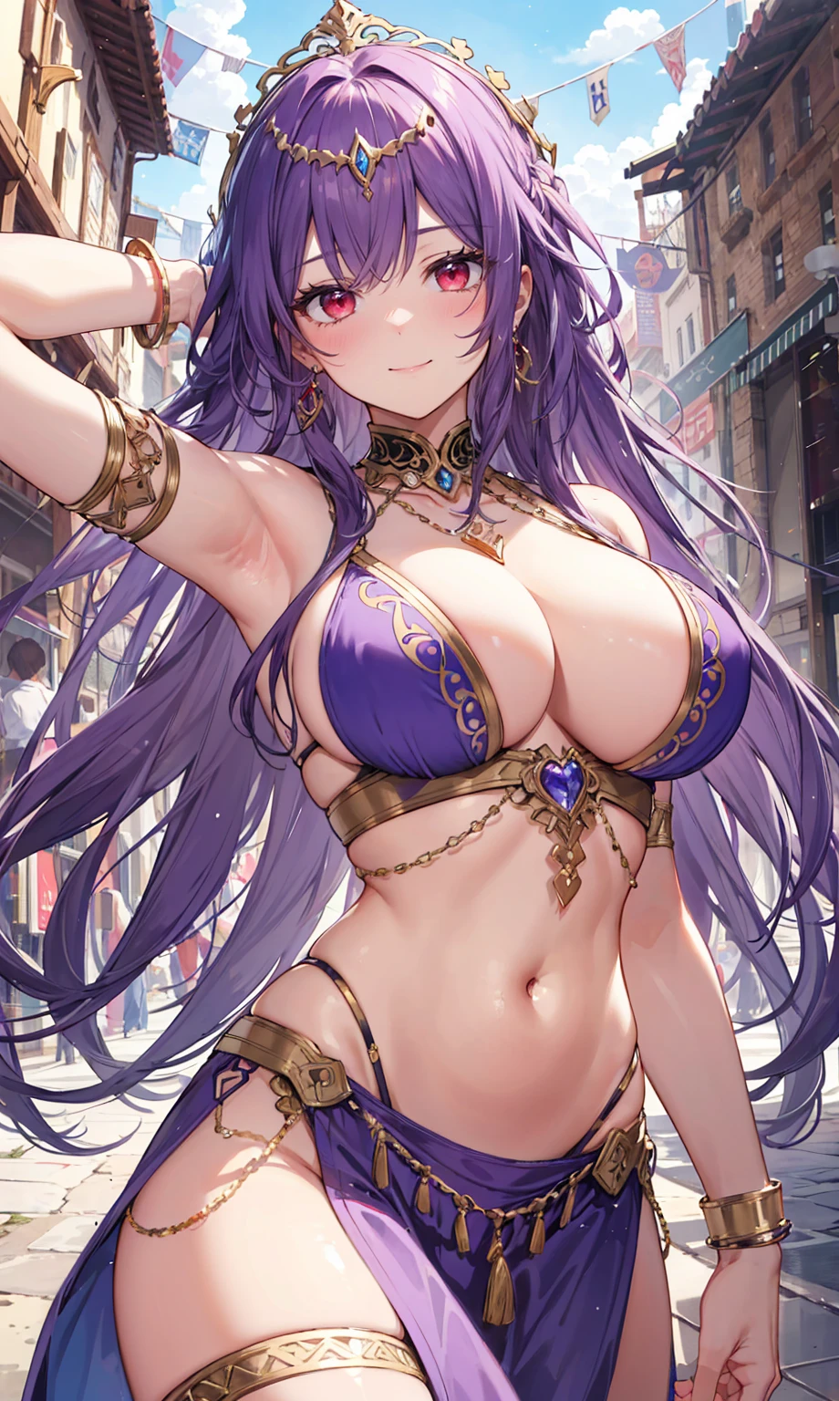 high quality, ultra detailed, best quality, insanely detailed, beautiful, masterpiece, 1girl, medieval plaza, cowboy shot, red eyes, long hair, purple hair, belly dancer, circlet, earrings, armlets, bracelets, bashful smile, large breasts, cleavage, soft stomach