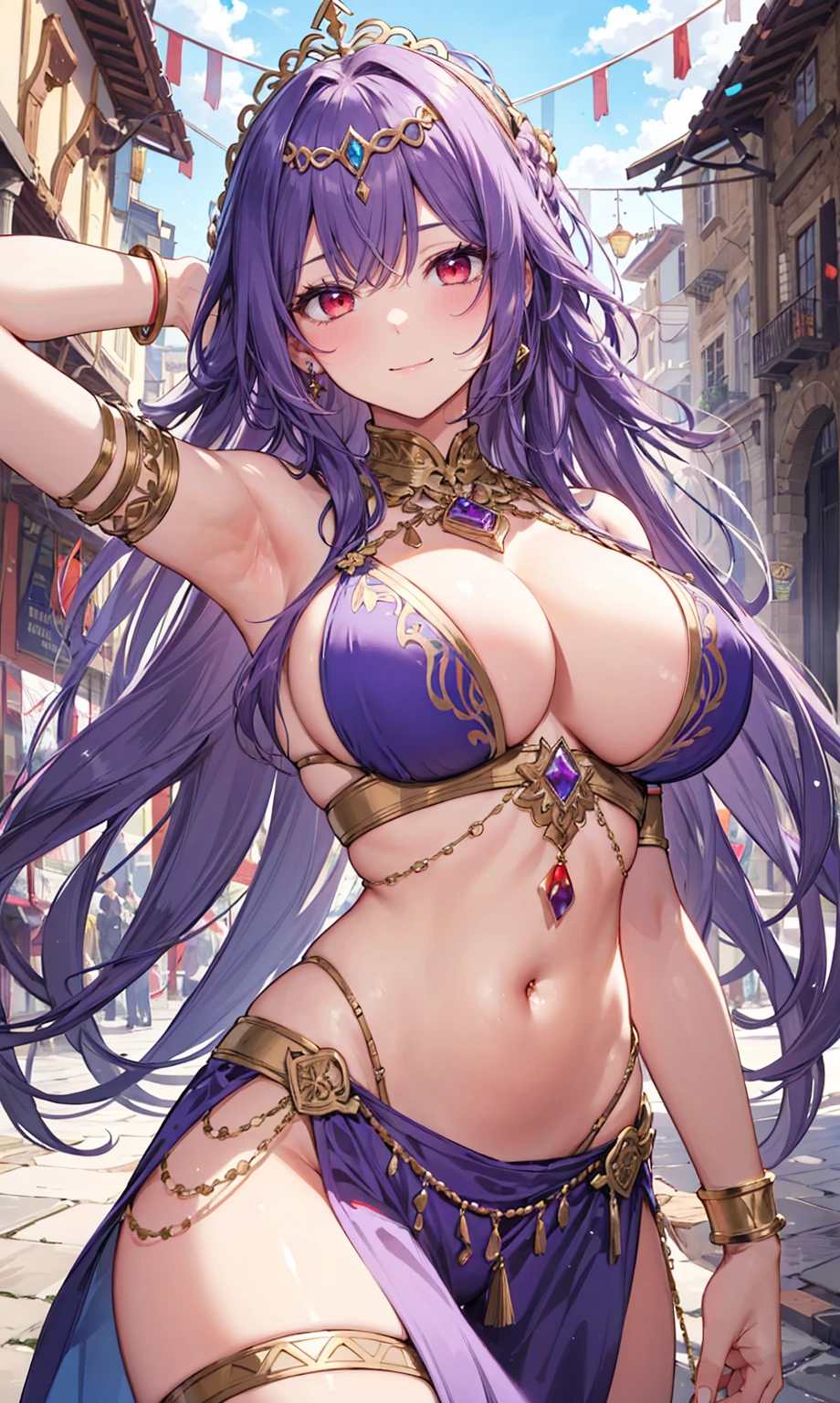 high quality, ultra detailed, best quality, insanely detailed, beautiful, masterpiece, 1girl, medieval plaza, cowboy shot, red eyes, long hair, purple hair, belly dancer, circlet, earrings, armlets, bracelets, bashful smile, large breasts, cleavage, soft stomach