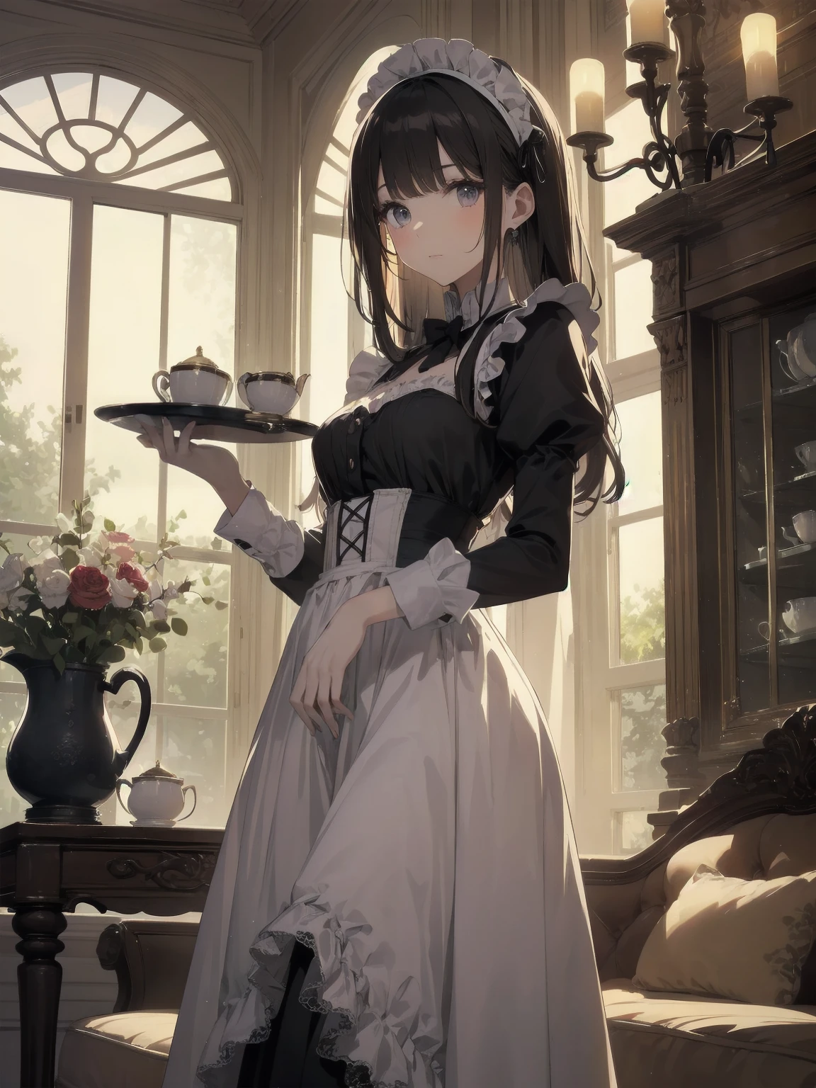Illustration of a beautiful girl in a cute pose,(Masterpiece: 1.2), (Best quality: 1.2), A cute girl with long black hair, dressed in a classic black and white maid outfit with frilly lace and a matching headband, is standing in a beautifully decorated Victorian-style parlor. She is holding a silver tray with a teapot and teacup, her expression a mix of professionalism and warmth. The background includes ornate furniture, a chandelier, and large windows with heavy drapes, all bathed in soft afternoon light. This illustration emphasizes the elegant and welcoming atmosphere of a high-class tea service