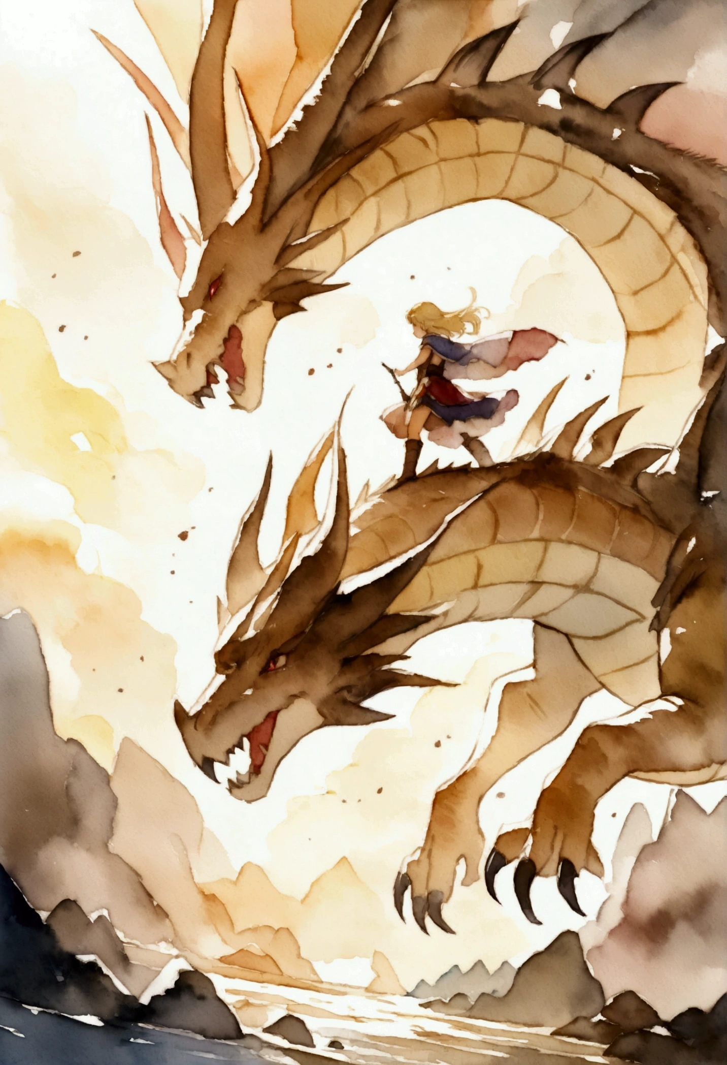 Blonde princess riding a dragon Dark fantasy Picture books watercolor