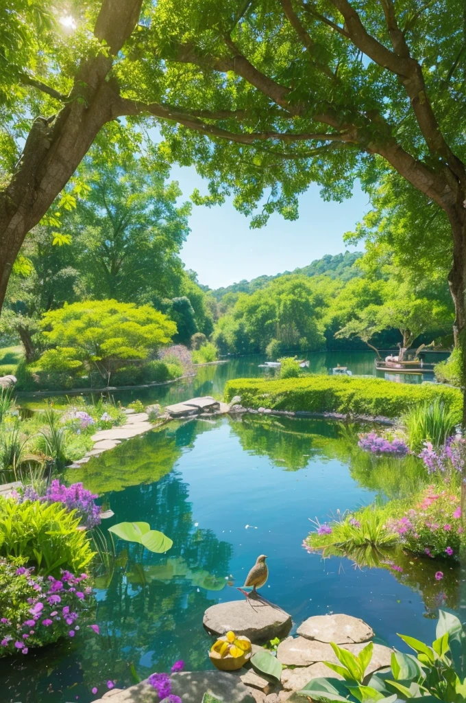 Depict a calm and peaceful lake, Surrounded by lush and colorful plants. On one of the riverbanks, A little frog is sitting, Happy and satisfied. Around the lake, birdsong, etc.、There are other friendly animals too, Butterflies flutter、Dragonflies buzzing around. Taking children into a world of imagination and adventure、Create a magical and enchanting scene!