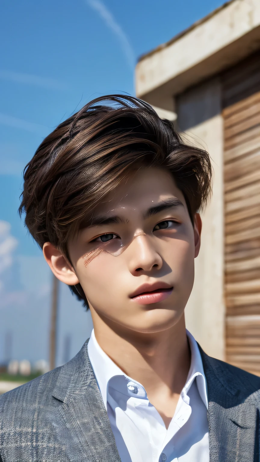 Highest quality, masterpiece, Ultra-high resolution, (Realistic: 1.4), Original photo, wallpaper, Head Photo, skin, Simple Background, Iris, detailed, Selfie, 1 boy, 18-year-old, good looking, Wind,suit