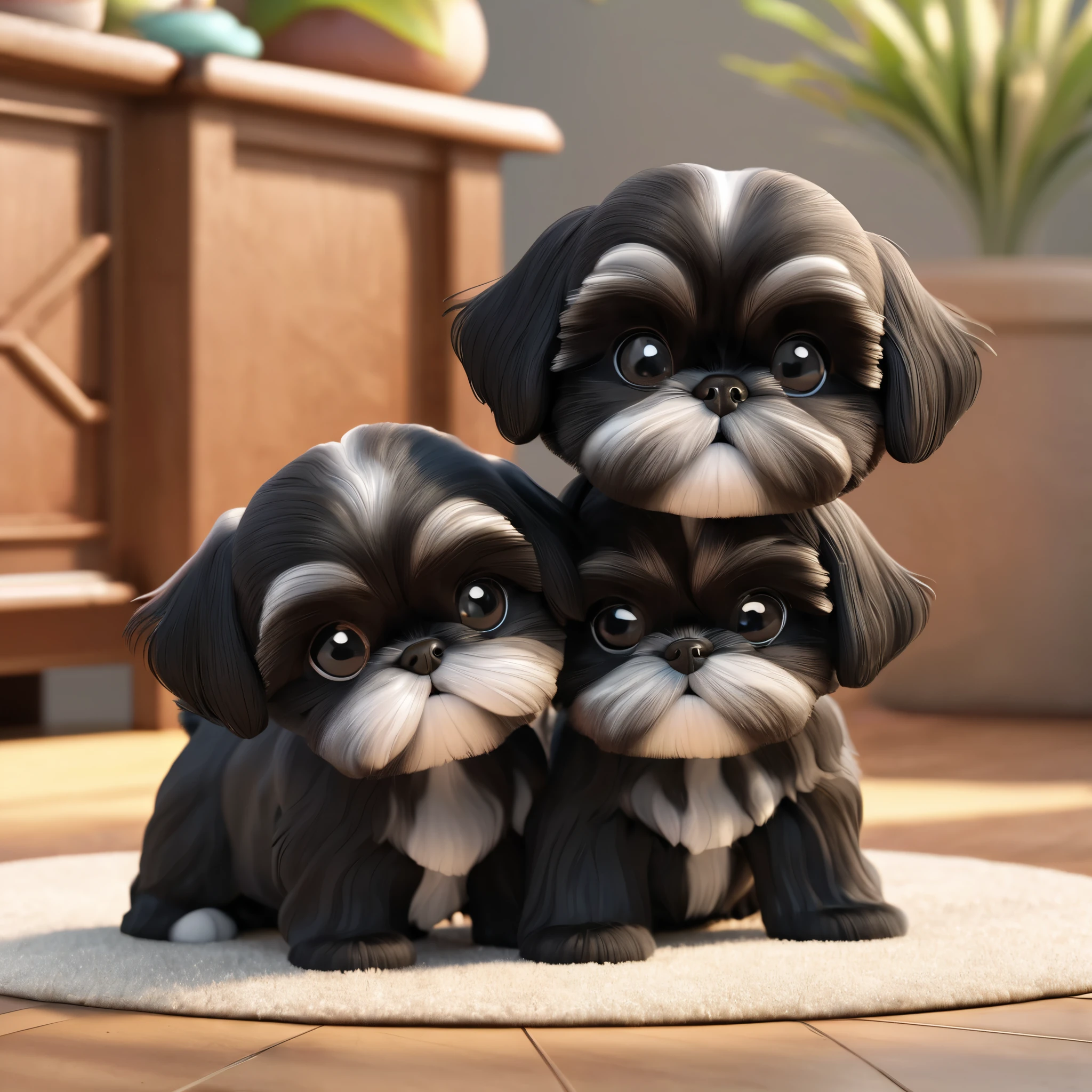 2 Adorable small black Shih Tzu puppies wrestling Disney background 3d cartoon 3d render disney pixar styleundefined, undefined, undefined, undefined, 