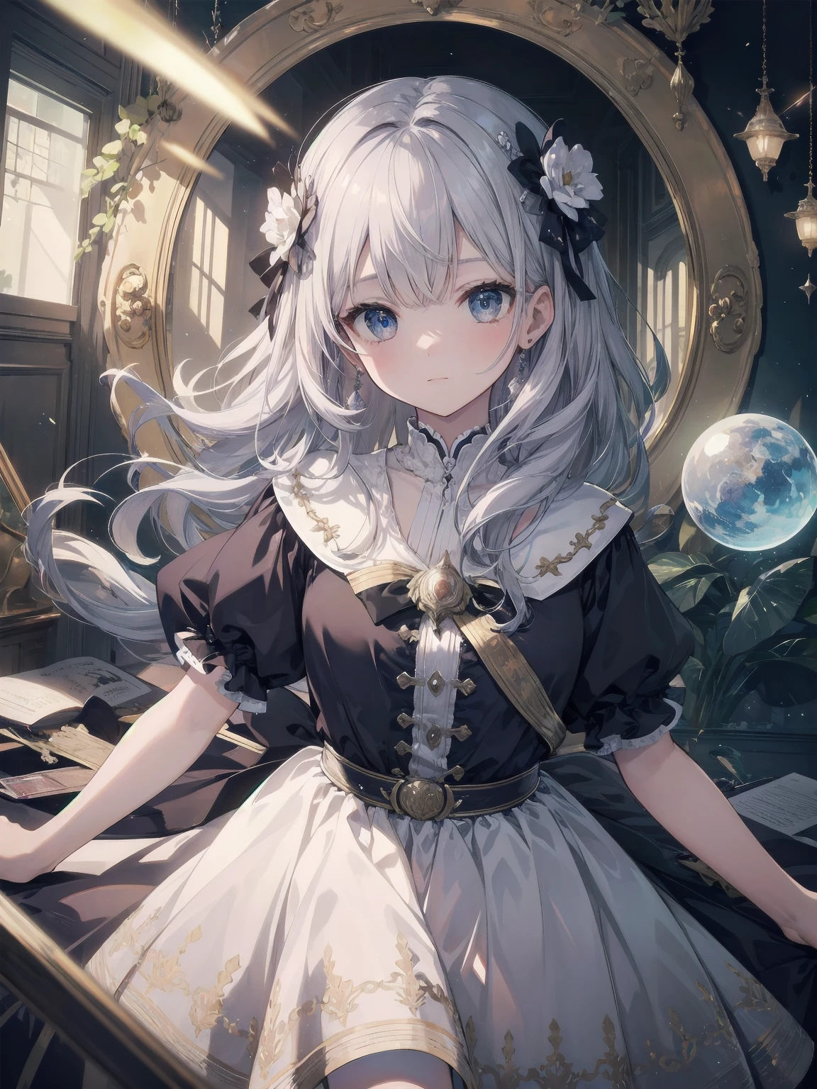 Masterpiece, illustration, high quality, 100 trillion ppi, high quality, dynamic angle, "student looking into silver sphere", silver sphere, looking into, curious, expectant, student, official art, super detail