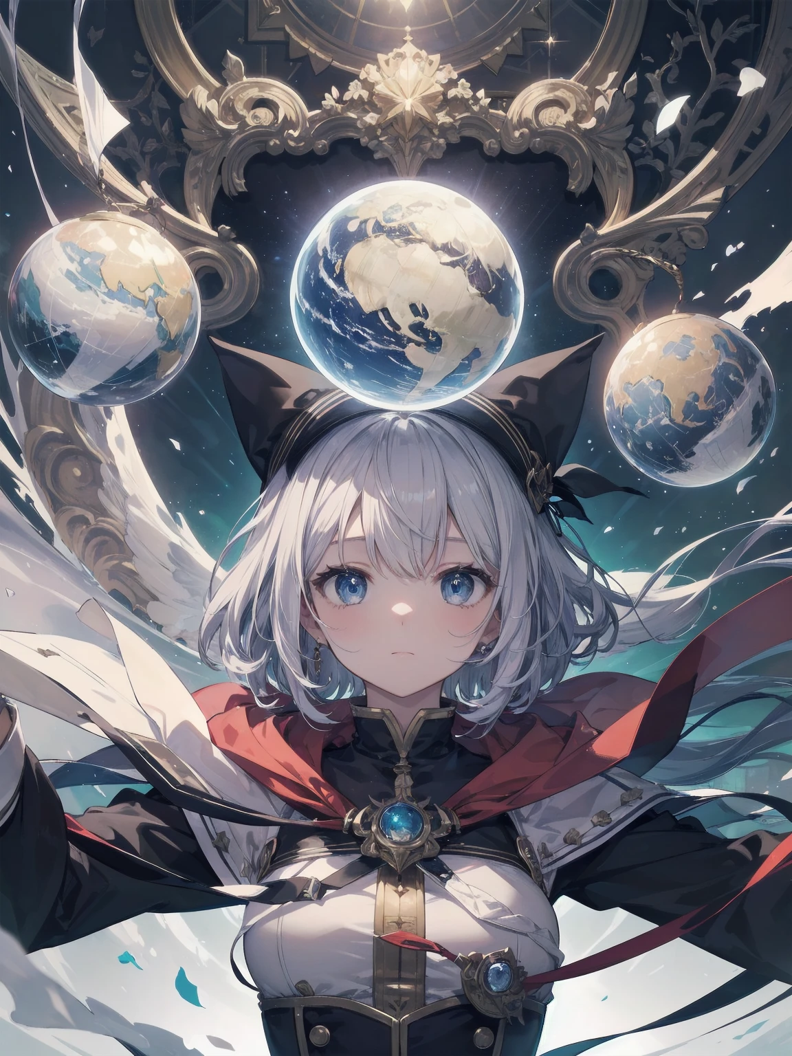 Masterpiece, illustration, high quality, 100 trillion ppi, high quality, dynamic angle, "student looking into silver sphere", silver sphere, looking into, curious, expectant, student, official art, super detail