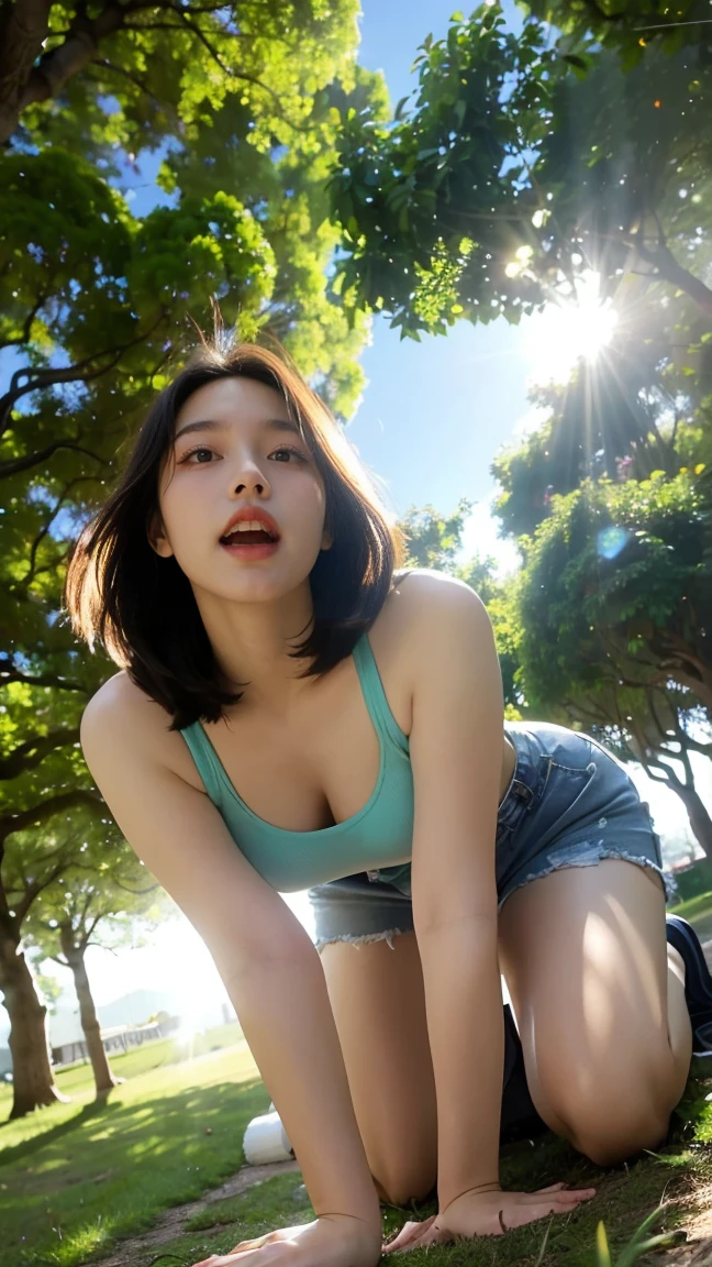 no, Ray tracing, Radio City, Anisotropic filtration, 16,000, best quality, 1 woman, alone, mature, beautiful young woman, ( Tank top, jeans shorts, Gradient long hair, (((Standing under a big tree with the sunlight shining through.)))、laugh、sunset、((big breasts)) 、Knee crawling (((Shot from below. Shot from an elevated angle. Shot from the ground.)))