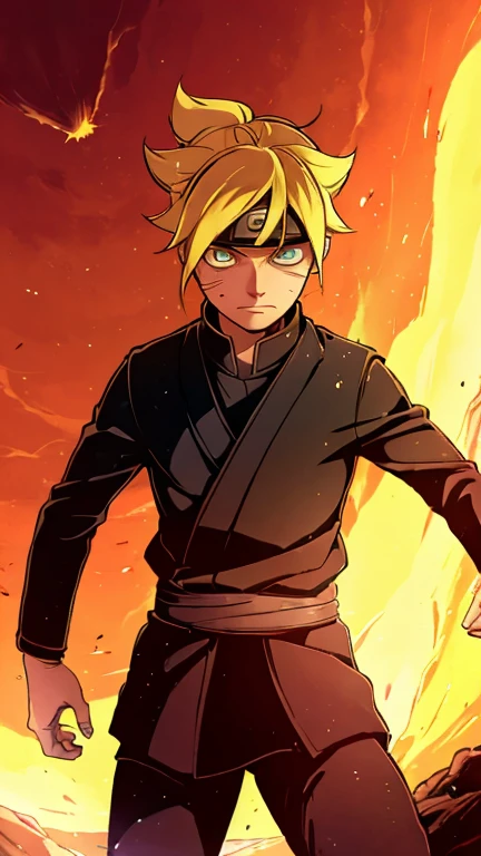 (s:1boy: uzumaki boruto,Star Wars), (extremely detailed CG unit 8k wallpaper),(master part), (best quality), (ultra detali), (best illustration),(melhor ombre), cowboy shot, (Sharp eyeliner, ombre, detailedeyes:1), Konoha Village background, ,break , (star15escola:1.2), hair ornament,shor hair ,yellow hair,