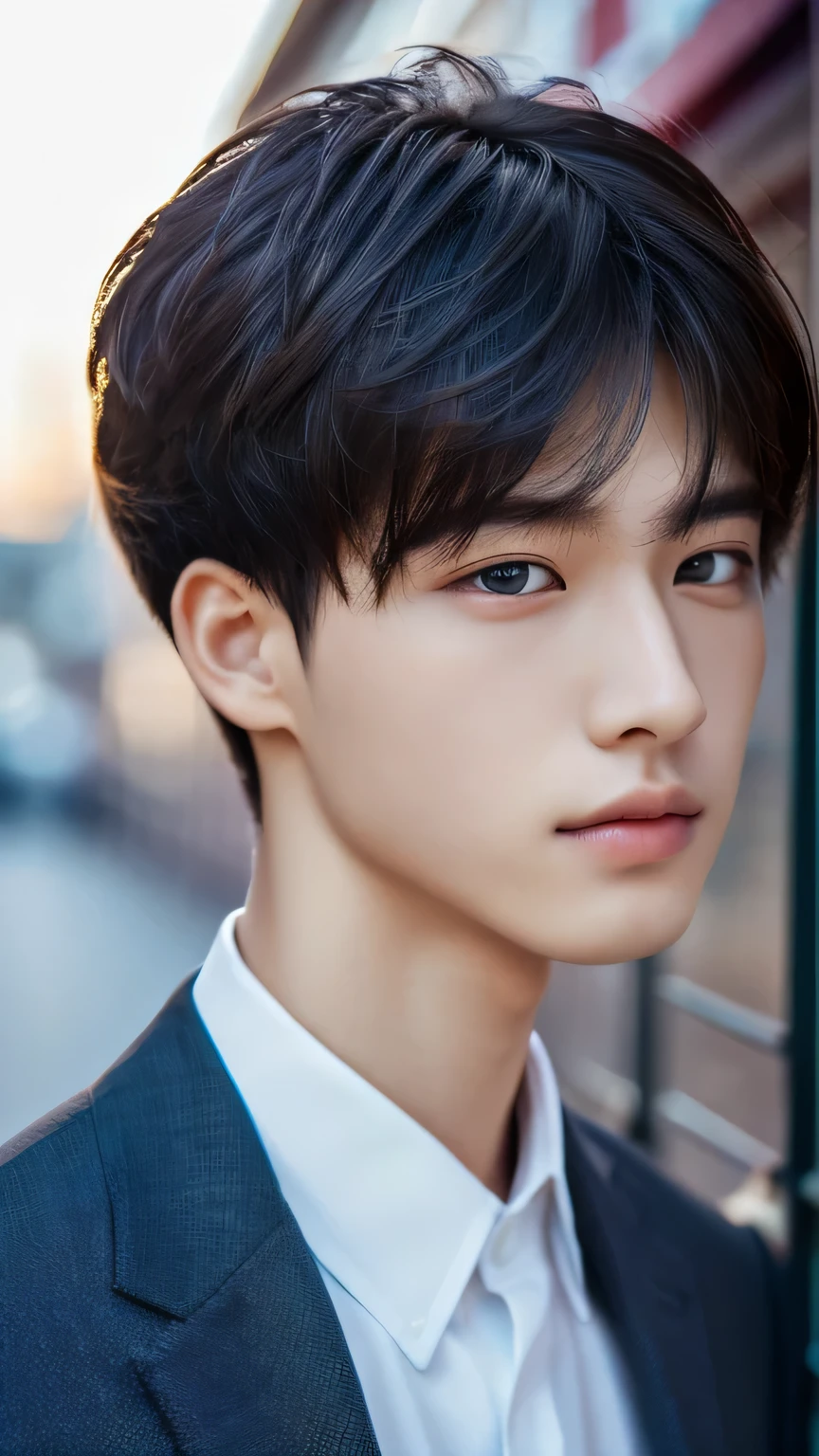 Highest quality, masterpiece, Ultra-high resolution, (Realistic: 1.4), Original photo, wallpaper, Head Photo, skin, Simple Background, Iris, detailed, Selfie, 1 boy, 18-year-old, good looking, Wind,suit、Single