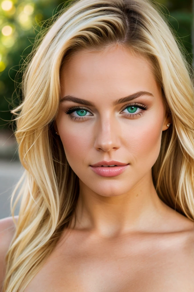 A photo of the top of an Instagram model, a beautiful woman, with blonde hair and green eyes, with a naughty face, extremely detaled, 8k image, high definition
