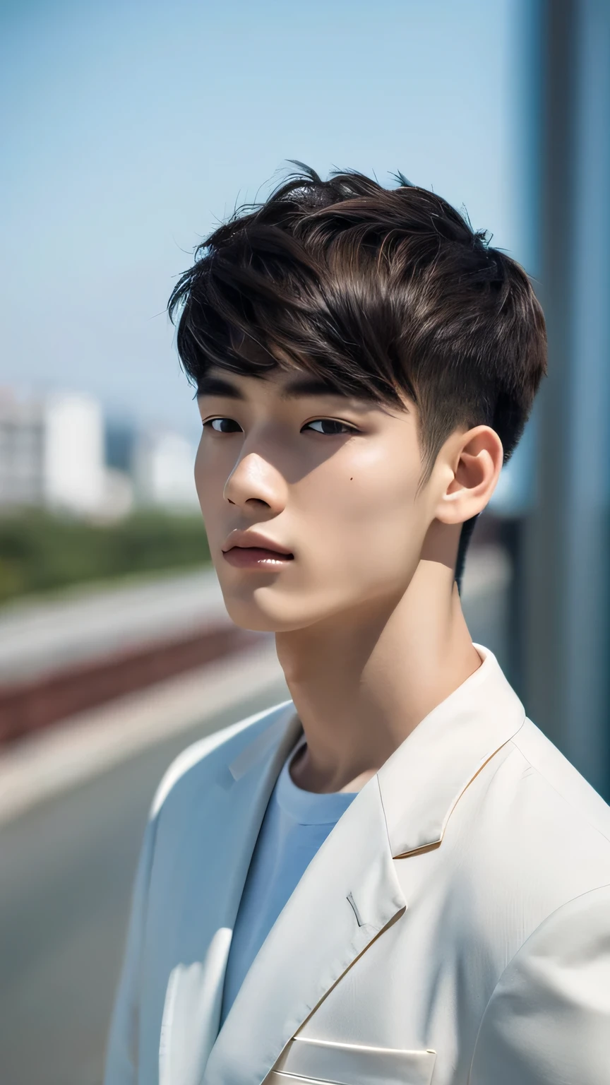 Highest quality, masterpiece, Ultra-high resolution, (Realistic: 1.4), Original photo, wallpaper, Head Photo, skin, Simple Background, Iris, detailed, Selfie, 1 boy, 18-year-old, good looking, Wind,suit、Single