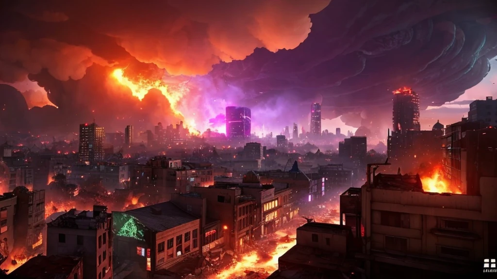 A picture taken from a video game shows a city destroyed by fire, city in ruins, fire, city on fire, purple, dreamy, anime styled, background burned city, smoke clouds, lots of fire, dark