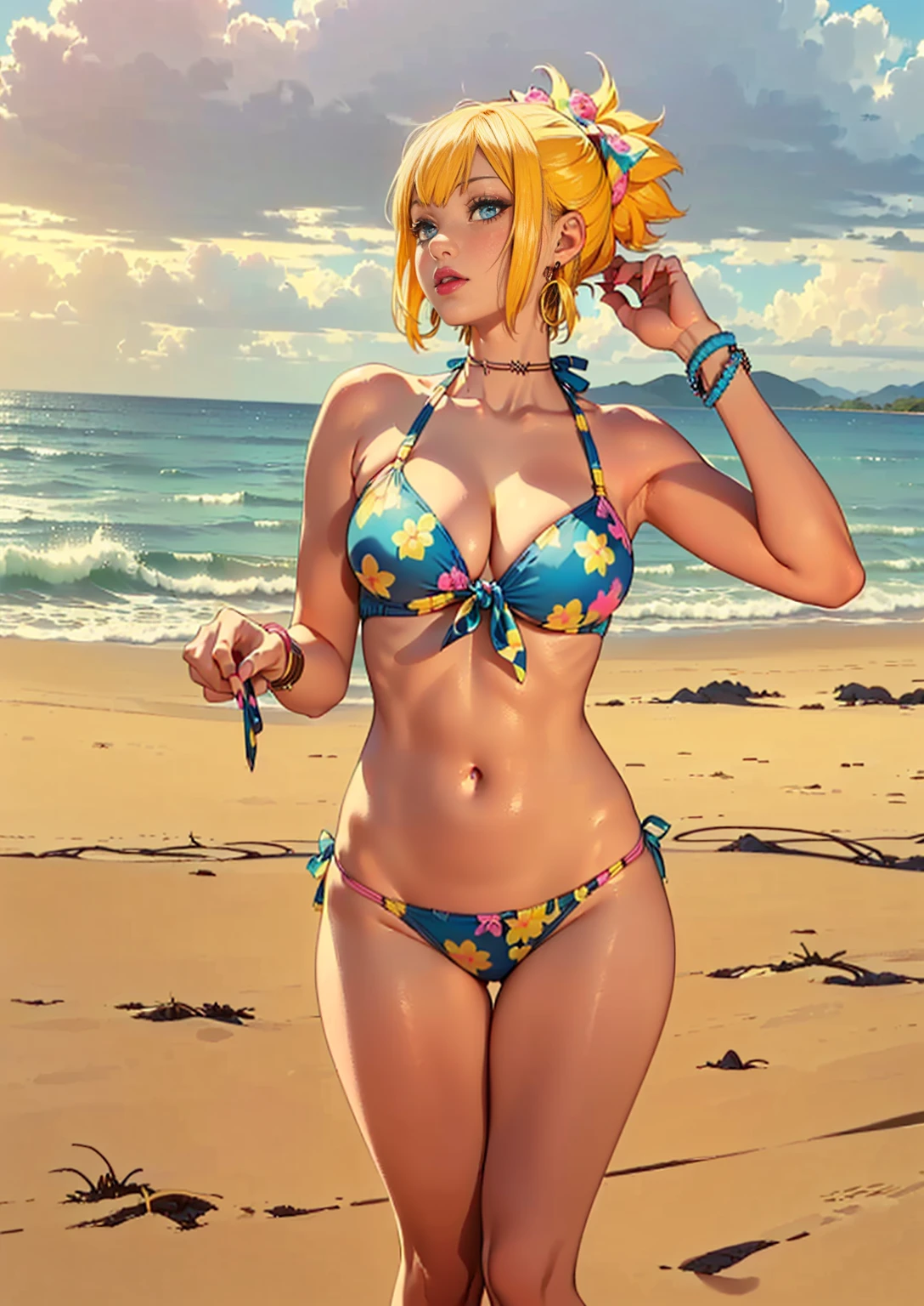 ((1woman, (solo, 1girl, alone), kohaku, blonde hair, blue eyes, tied hair)), smug, ((solo, (1woman, pink lipstick), Extremely detailed, ambient soft, (( bikini with print, printed bikini, printed thong, colorful thong, bracelets, earrings))