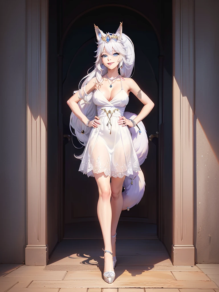 great quality ++ Extremely detailed high resolutionolution, very aesthetic, expressive eyes, (((Perfect face))), (((face symmetrical))), ((good anatomy)), (((perfect hands))), (((8k))), UHD, hd wallpaper, (((detailed high cal, (((((1girl)))))), only, Masterpiece, The best quality, high resolution, Highly detailed, (illustration), Beautiful detailed eyes, ((((full body))), (((solo))), (((((koyan-la1))))), (((smiling))), (((fusion))), (((agglutination))), (((Combination))), (((((White hair))))), (((blue eyes))), (((ponytail))), (((white dress))), (((jewelry))), (((necklace))), (((earrings))), only, jaeces, earrings, long hair, parody, (((scar))), (((scar ocular))), (((hair ornament))), (((hand on hip))), (((strolling))), Side ponytail, scar en la cara, Upper part of the body, (((fox tail))), (((fox ears))), (((tiara))), (((jewelry))), (((earrings))), (((neckline trimming))),