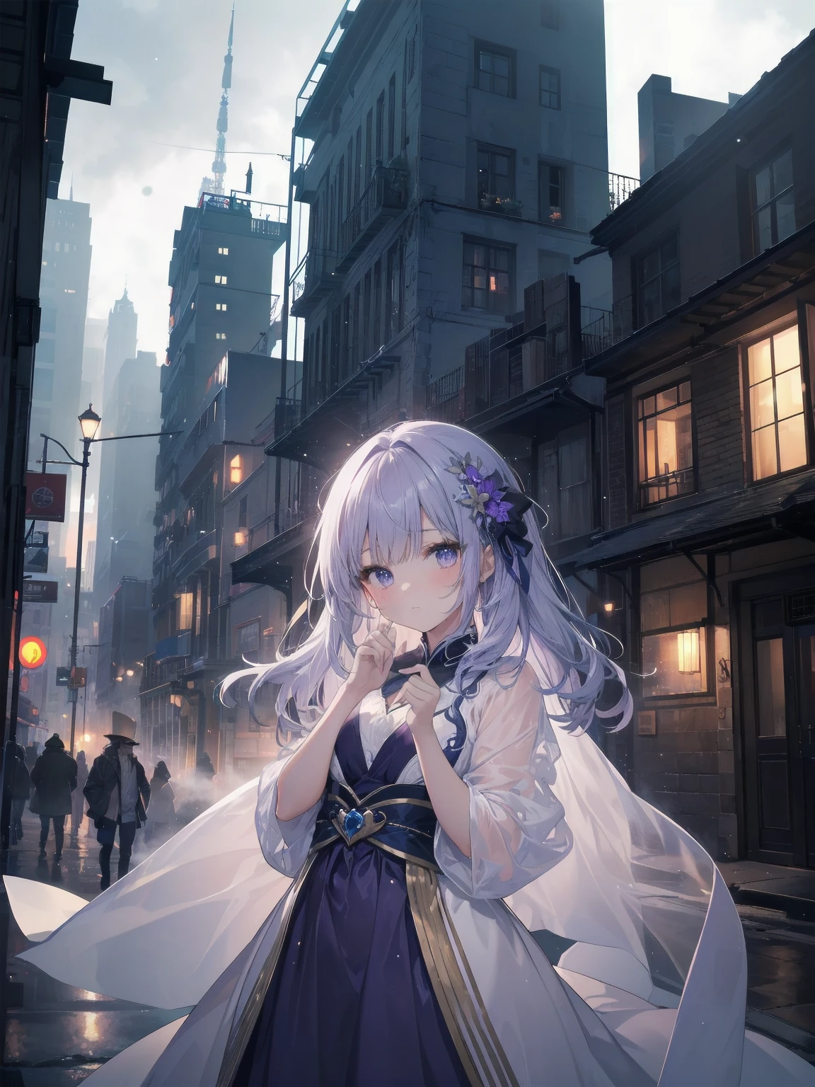 masterpiece, 8k, Highest quality, Very detailed, Purple & A beautiful girl in a blue magical robe with a moon motif、Close-up on the characters、(building, city、A dense fog of fluorescent particles、1800Era、Western style、Fiction、grow、Overwhelming、Detailed street)、A beautiful girl with a beautiful background and a super cute pose