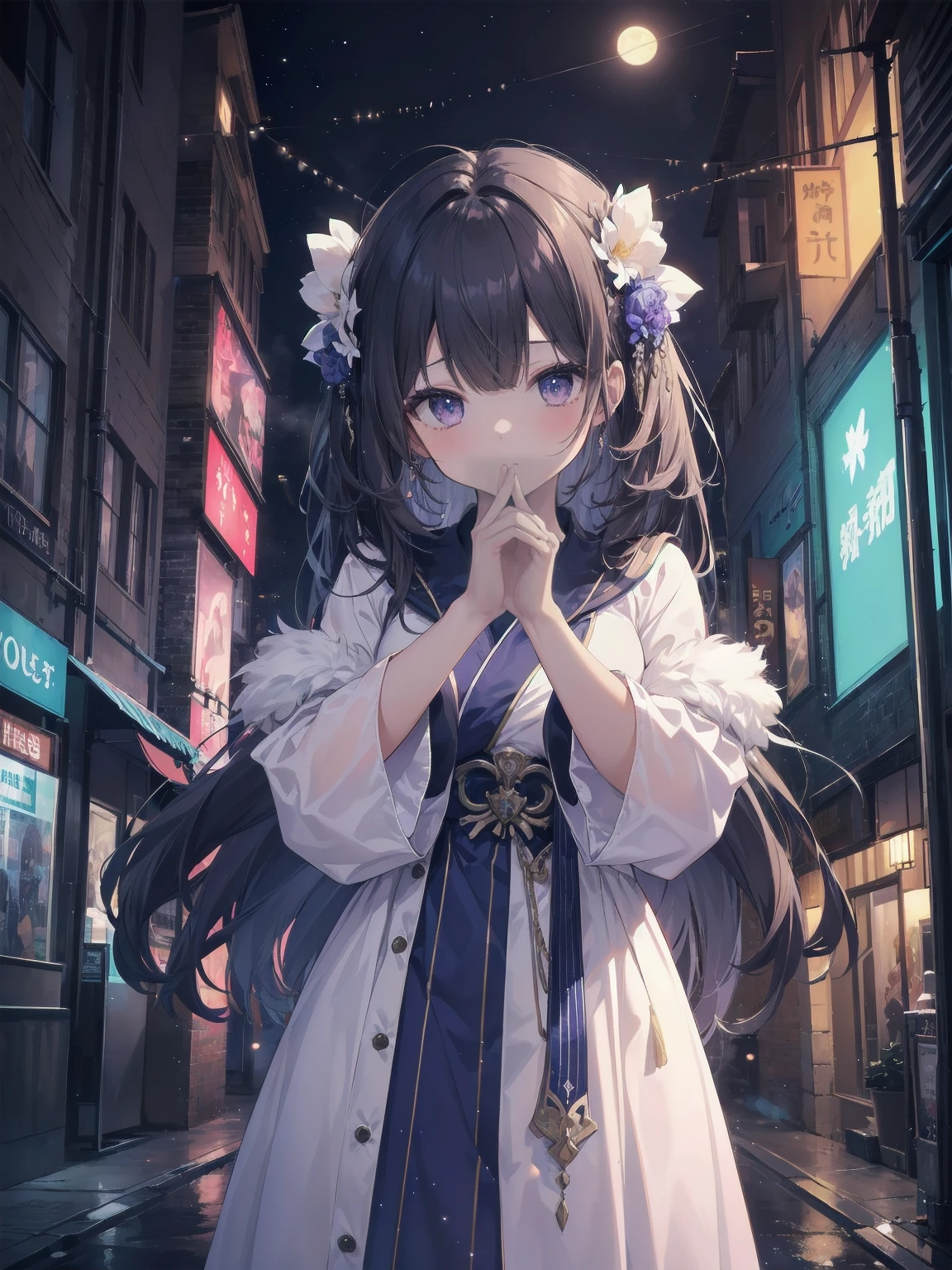 masterpiece, 8k, Highest quality, Very detailed, Purple & A beautiful girl in a blue magical robe with a moon motif、Close-up on the characters、(building, city、A dense fog of fluorescent particles、１８００Era、Western style、Fiction、grow、Overwhelming、Detailed street）、A beautiful girl with a beautiful background and a super cute pose