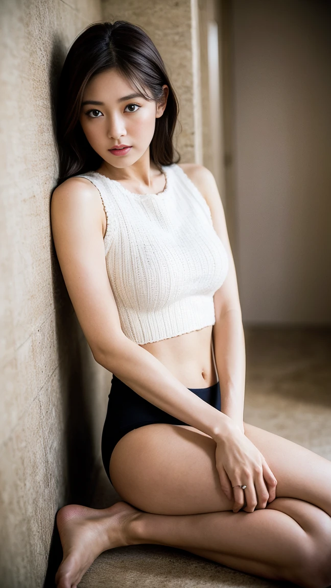 dark brown hair、Light brown eyes、Japanese actress、Lady、I am about 40 years old......、(My NTR More about my category:1.2)、(top-qual私ty:1.4)、 (Ultra-high resolution:1.2)、Ultra-high resolution、(Private Detective Data)、(Detailed facial features)、Hmph、8K resolut私on、D cup breasts、Long Hair、Obscene pose、Beautiful legs、Leaning against a wall、Bend only one leg、stretched one leg、Please lift your chin a little、Expressions of sadness、、black one piece、A refreshing bathroom bathed in morning sunlight、2Booklegs、2Book Hand、Beautiful legs、White knitted crop top、White marble wall、