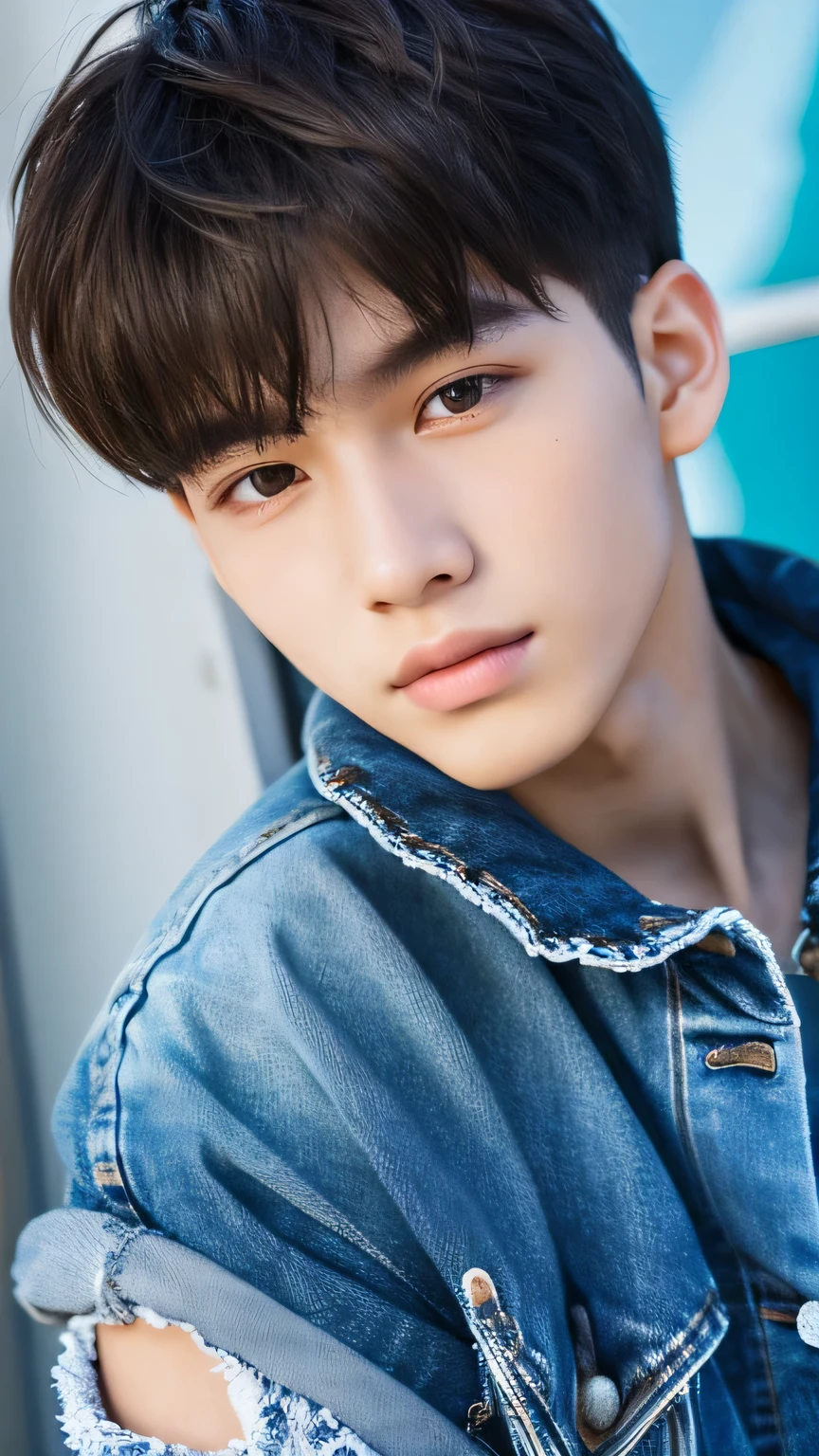 Highest quality, masterpiece, Ultra-high resolution, (Realistic: 1.4), Original photo, wallpaper, Head Photo, skin, Simple Background, Iris, detailed, Selfie, 1 boy, 18-year-old, good looking, Wind,Denim Jacket