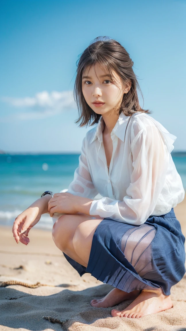 (((Top-down configuration:1.33)))、((No underwear:1.55))、One Girl、Beautiful and detailed eyes and face、barefoot、20 year old cute Japan woman, ((Extremely precise and accurate anatomy:1.0)), (photo Realistic:1.4), (hyper Realistic:1.4), (最高品質のRealisticな肌の質感:1.4), (Improvement of quality:1.4), (Enhances the beauty of skin texture:1.1), Clean and glowing skin, mesh, thin:1.2, (Realistic:1.3), Realisticなライティング, (Smoother lighting:1.05), (Improving the quality of cinema lighting:0.9), Backlight, A gentle light on your face, Ray Tracing, (Bright light:1.2), 32k, One Japanese woman, fine grain, Detailed face, (Film Grain:1.1),(Accentuates body lines:1.1), High resolution, Natural look, Kind eyes, Improves hair quality, Delicate light and shadow, Transparent muscles, Graceful pose, Beautiful Eyes, Sharp details, Soft light reflection, Beautiful contours, Delicate skin tone, Fine hair texture, Natural background, (((sunny day、Beach、A strong wind is blowing、Her hair and skirt are flying、Squat, Traditional navy blue sailor uniform、Open shirt、Pleated skirt、Scooping seawater with hands:1.25、splash、Sandy Beach、Light of the sun、clear blue sea、The waves crash quietly、Blue sky and white clouds、green mountain々、Beautiful Nature、The joys of youth)))、