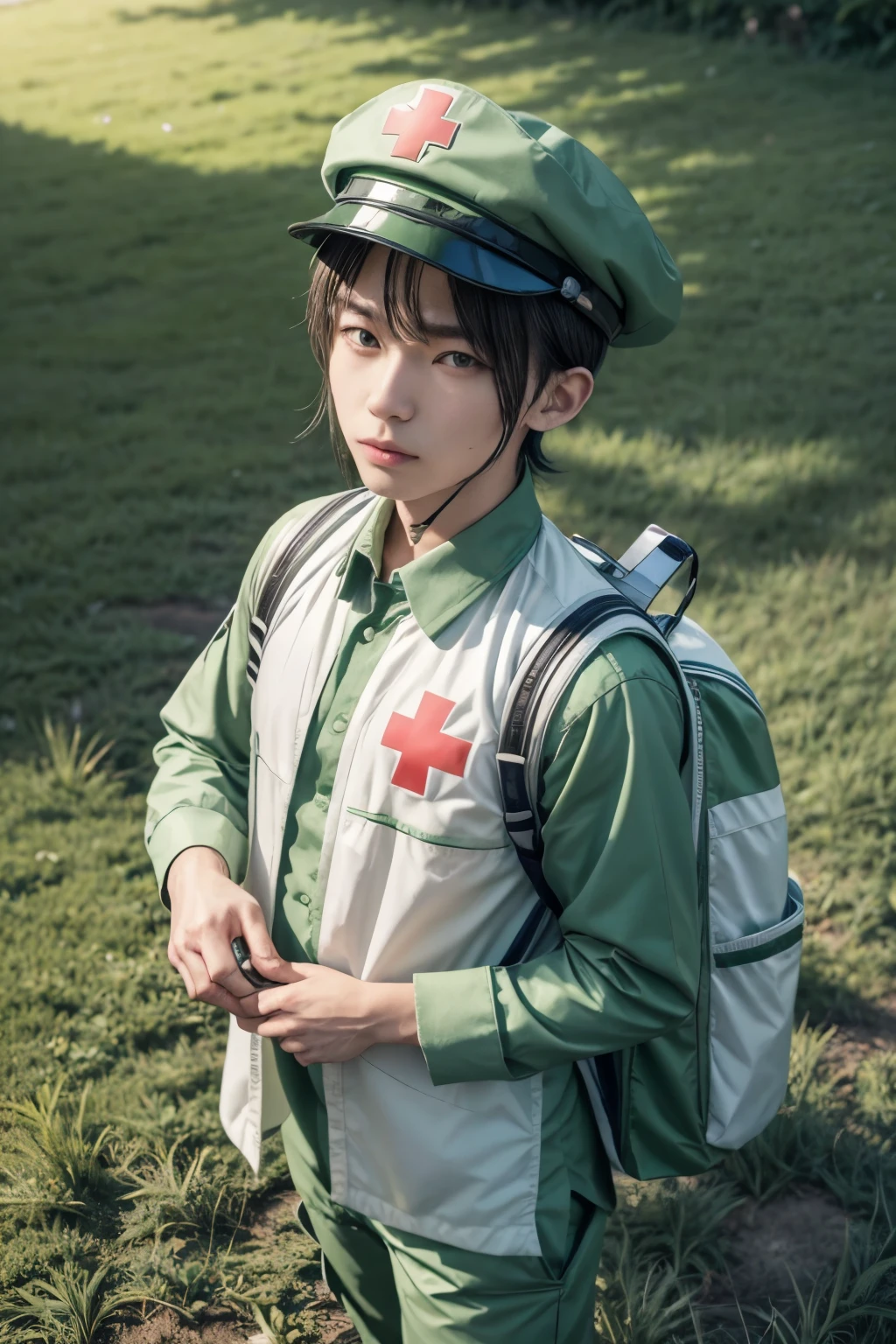 Chikorita, the adorable Grass-type Pokémon, with a paramedic uniform. He would wear a small paramedic hat with a red cross on top of his head. You could also have a small first aid backpack slung over your back. Its blades could be slightly adjusted to resemble a stethoscope, giving it a professional touch and ready for action.