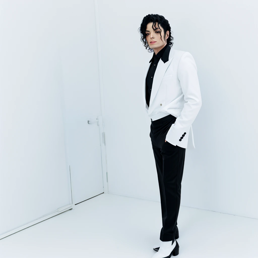 Michael Jackson with white skin and full body facial surgery in black party outfit in a white room 