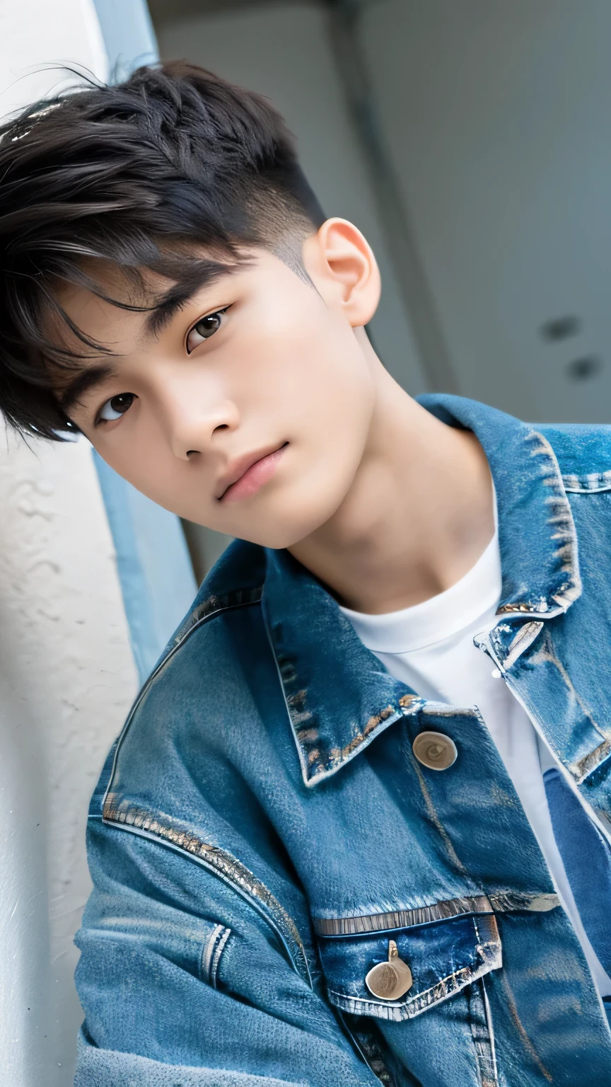 Highest quality, masterpiece, Ultra-high resolution, (Realistic: 1.4), Original photo, wallpaper, Head Photo, skin, Simple Background, Iris, detailed, Selfie, 1 boy, 18-year-old, good looking, Wind,Denim Jacket