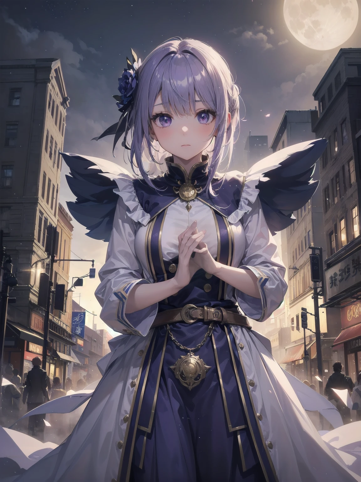 masterpiece, 8k, Highest quality, Very detailed, Purple & A beautiful girl in a blue magical robe with a moon motif、Close-up on the characters、(building, city、A dense fog of fluorescent particles、1800Era、Western style、Fiction、grow、Overwhelming、Detailed street)、A beautiful girl with a beautiful background and a super cute pose