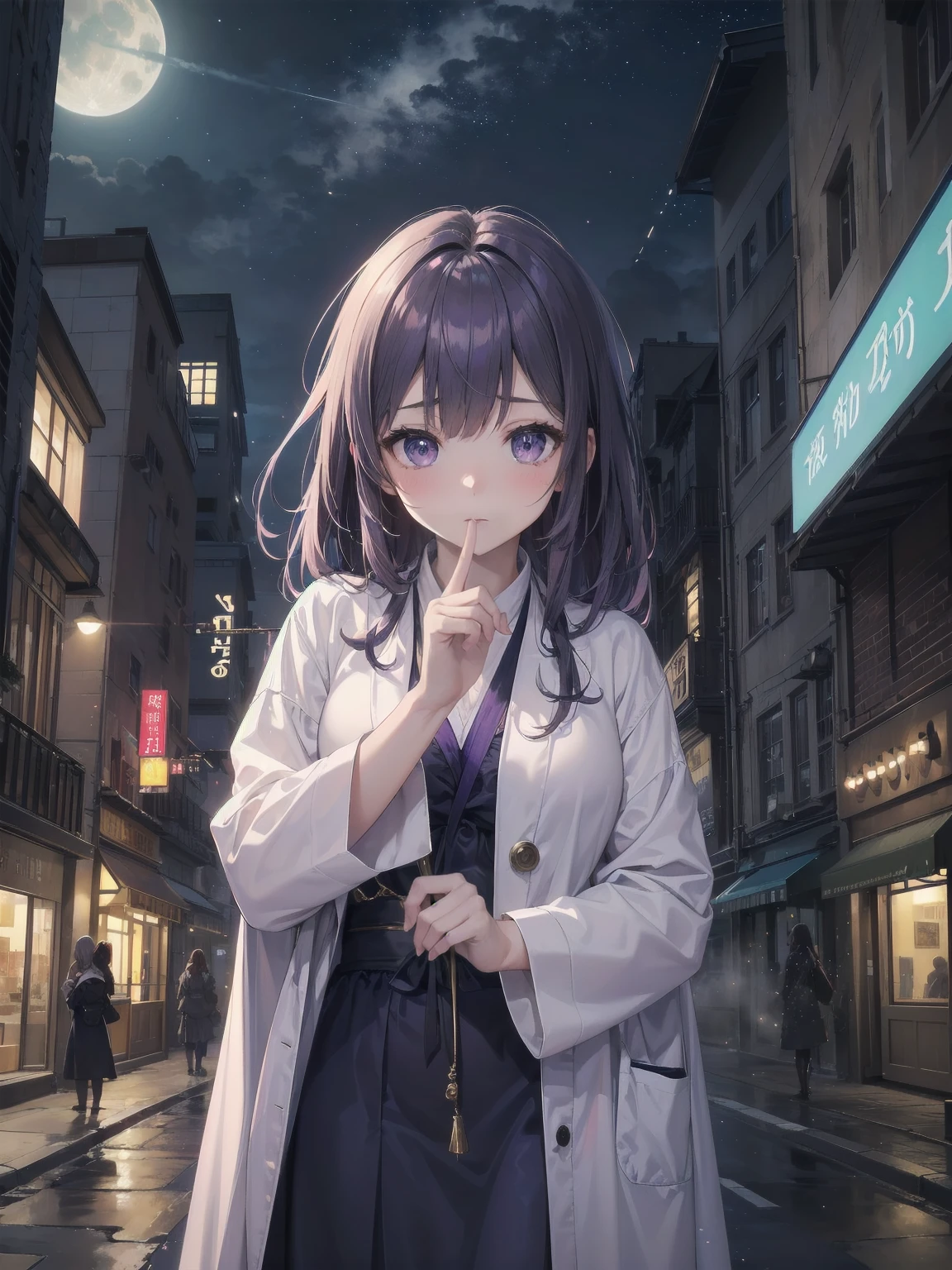 masterpiece, 8k, Highest quality, Very detailed, Purple & A beautiful girl in a blue magical robe with a moon motif、Close-up on the characters、(building, city、A dense fog of fluorescent particles、１８００Era、Western style、Fiction、grow、Overwhelming、Detailed street）、A beautiful girl with a beautiful background and a super cute pose