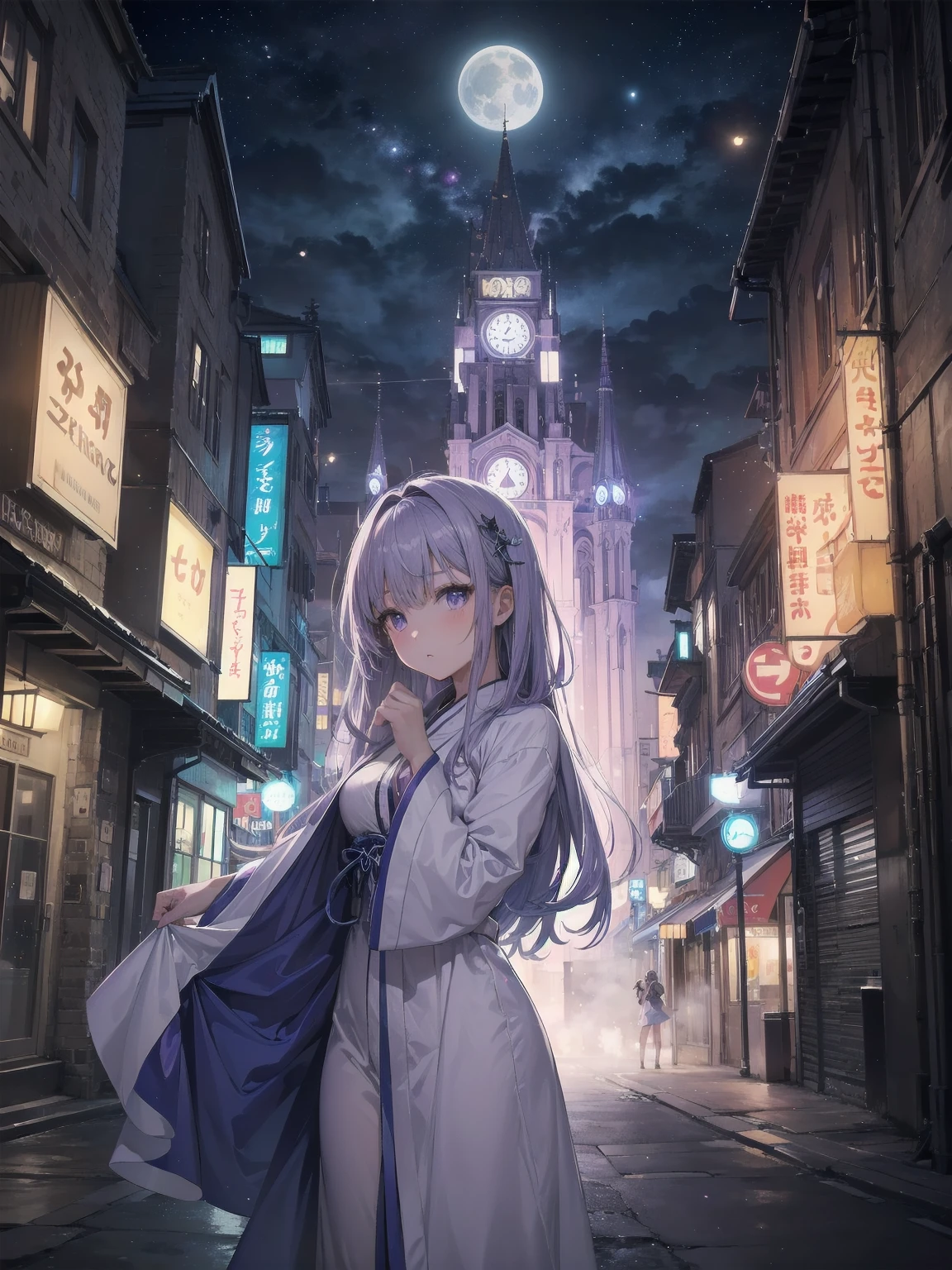 masterpiece, 8k, Highest quality, Very detailed, Purple & A beautiful girl in a blue magical robe with a moon motif、Close-up on the characters、(building, city、A dense fog of fluorescent particles、１８００Era、Western style、Fiction、grow、Overwhelming、Detailed street）、A beautiful girl with a beautiful background and a super cute pose