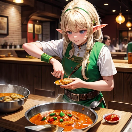An elf making curry at a curry restaurant