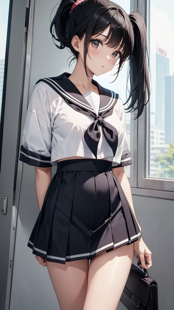 、beautiful girl、ponytail、Black Hair、Sailor suit、mini skirt、Thigh coordination