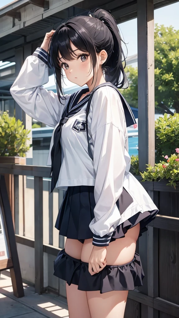 17 years old、beautiful girl、ponytail、Black Hair、Sailor suit、mini skirt、Thigh coordination