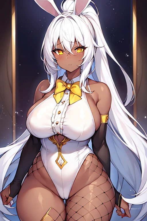 1girl, white hair, long hair, dark-skinned female, dark skin, yellow eyes, breasts, huge breasts, bowtie, wide hips, thick thighs, fishnets, bunnysuit, leotard, white bunnysuit, shy, timid, wavy mouth, ponytail, yellow trim, fishnet, fishnet legwear, gold trim